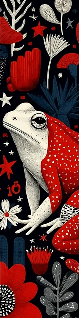 Free printable frog bookmark featuring red and white frog with plants